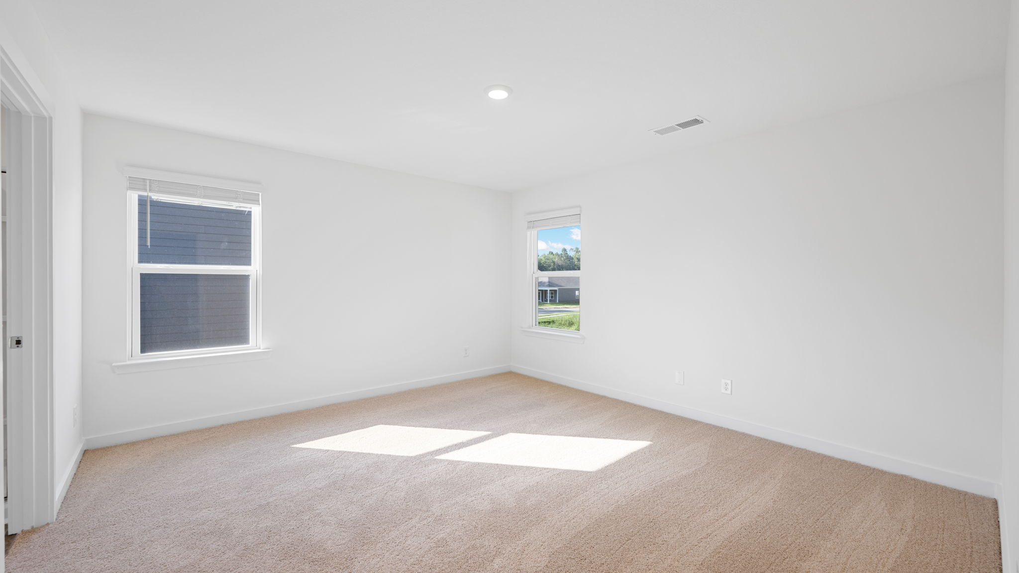 Primary bedroom with carpet and two windows