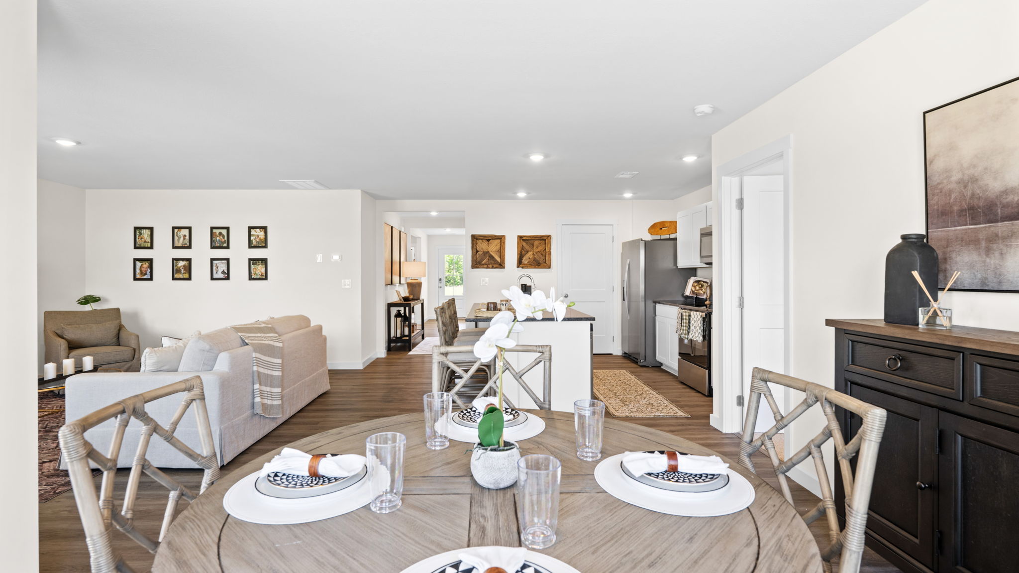 dining area with double window and back patio door