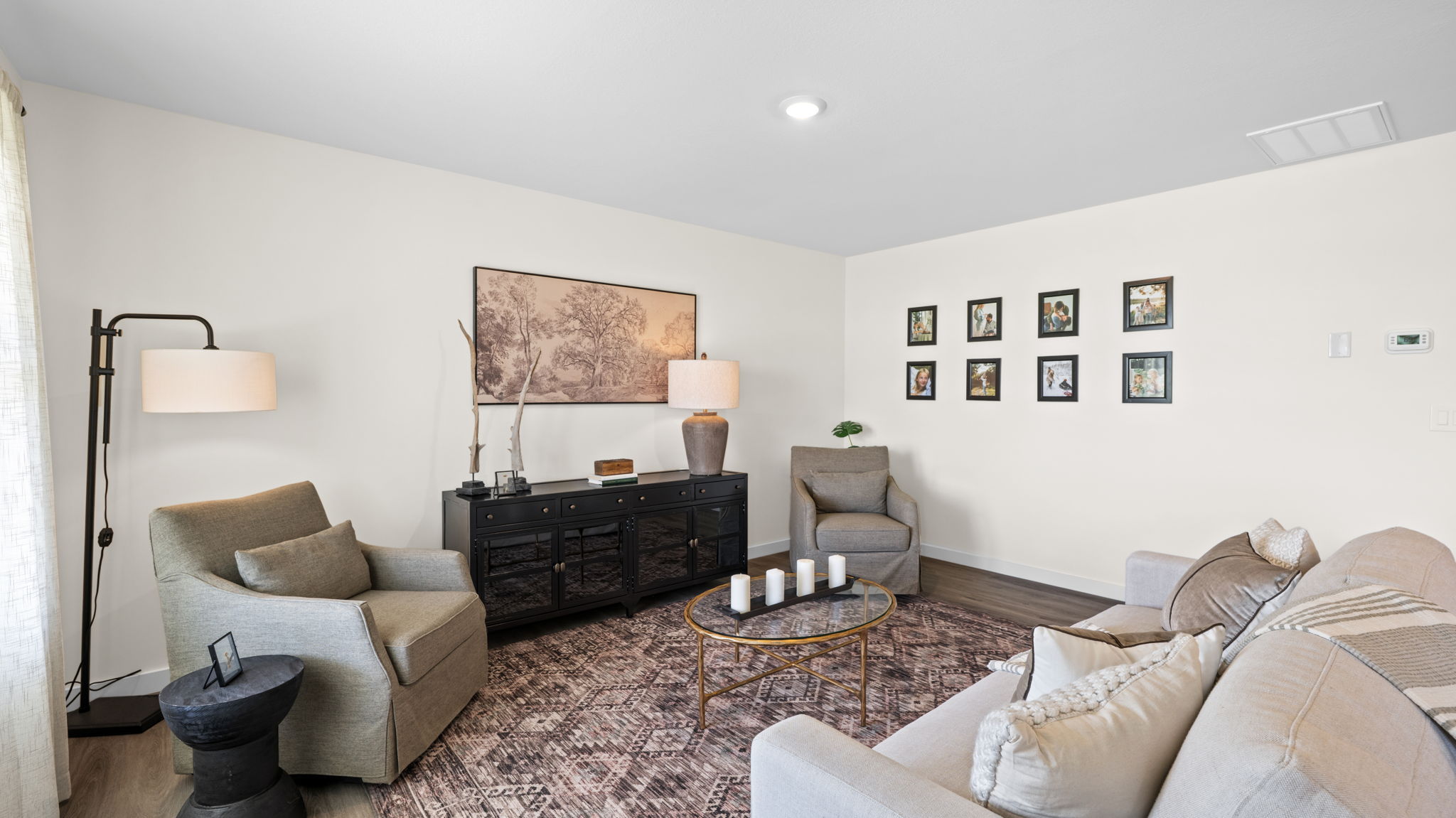 open concept living room with double window
