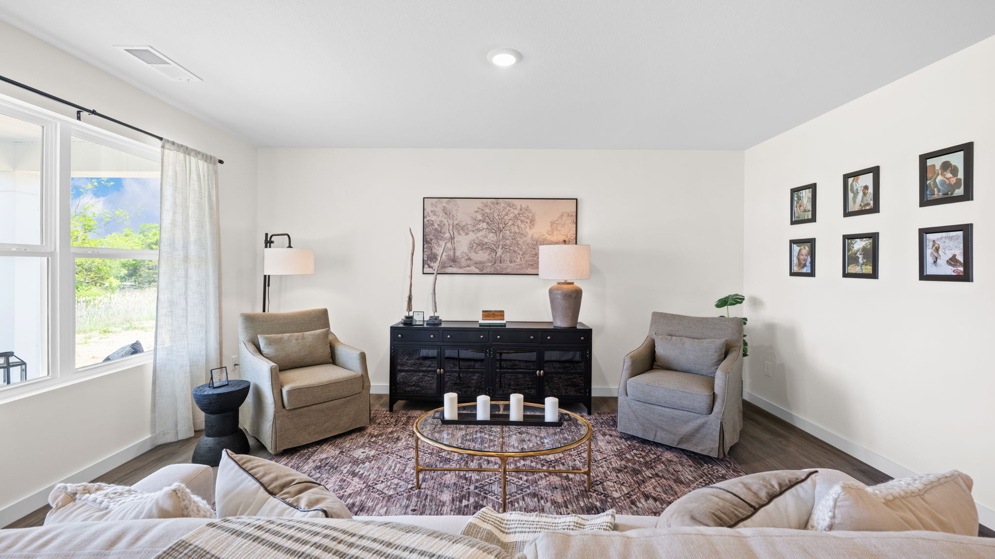 open concept living room with double window