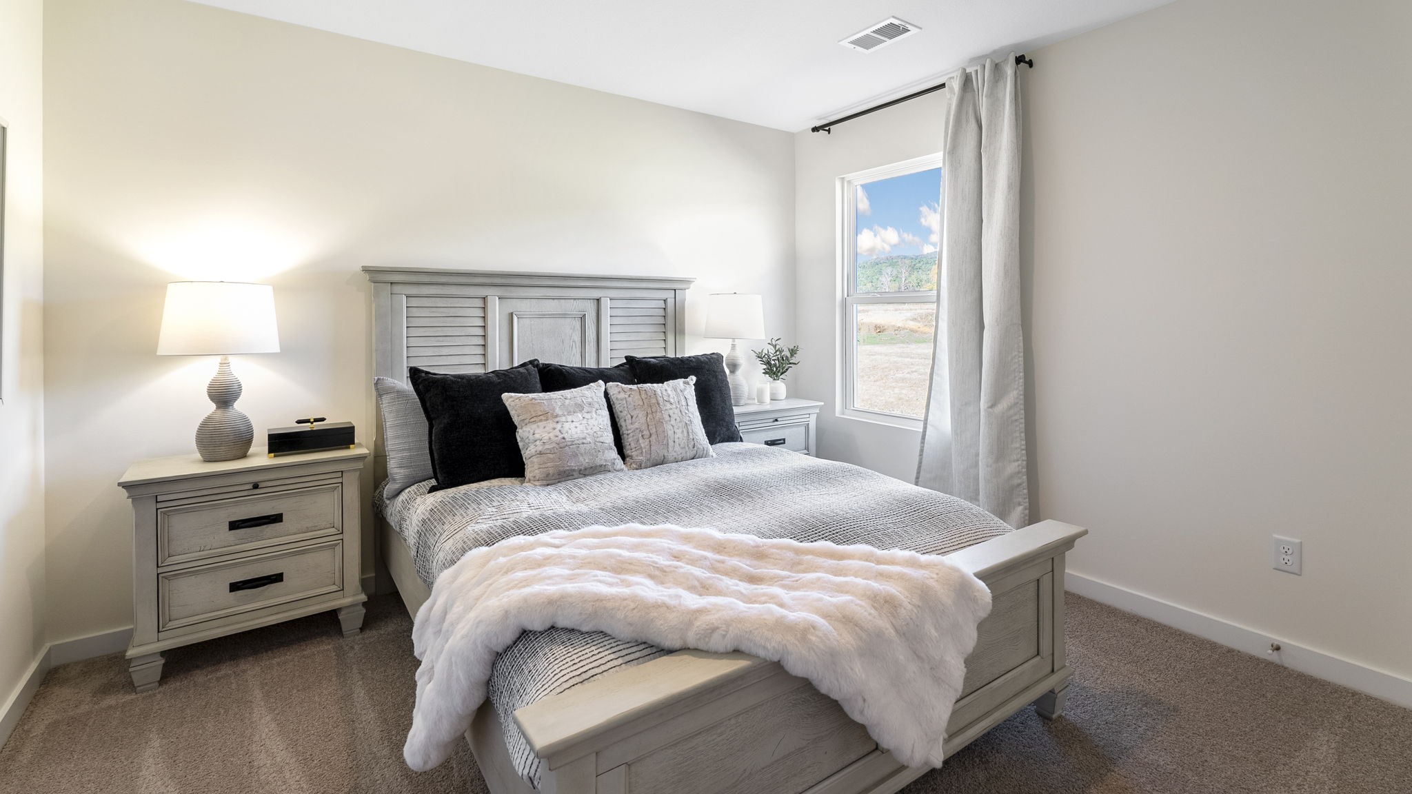 guest bedroom with carpet and single window