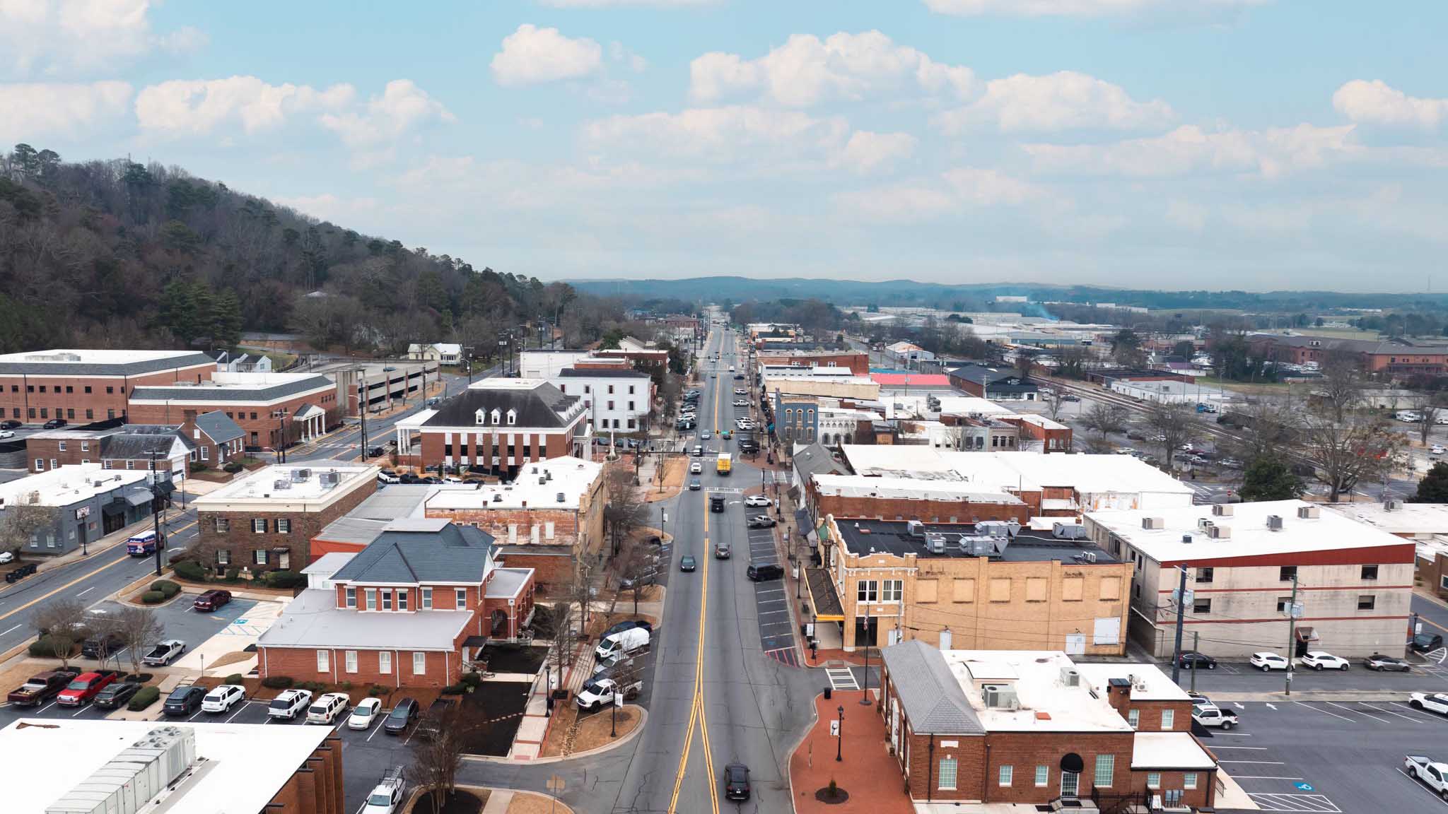 aerial shot of downtown calhoun