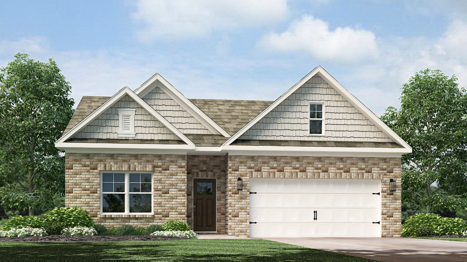 Exterior rendering of single story ranch home with vinyl, shake, and brick