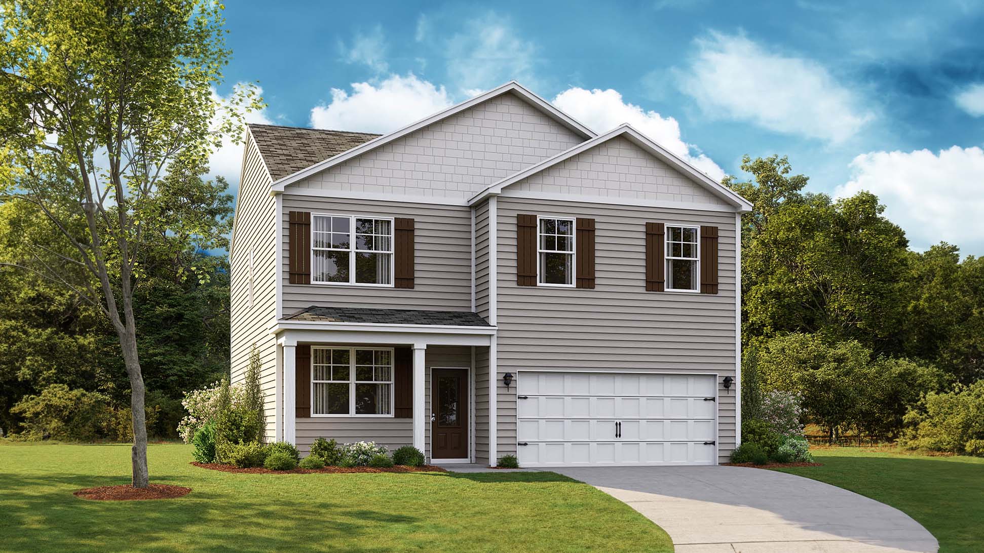 Exterior rendering of single story ranch home with vinyl and board and batten