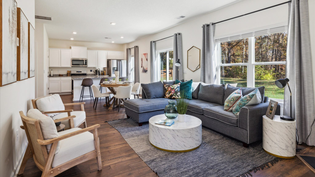 Spacious living and great  room space with light allowing windows