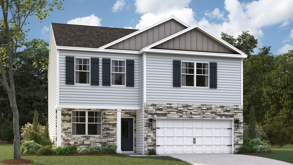 Exterior rendering of two story modern stone and vinyl home