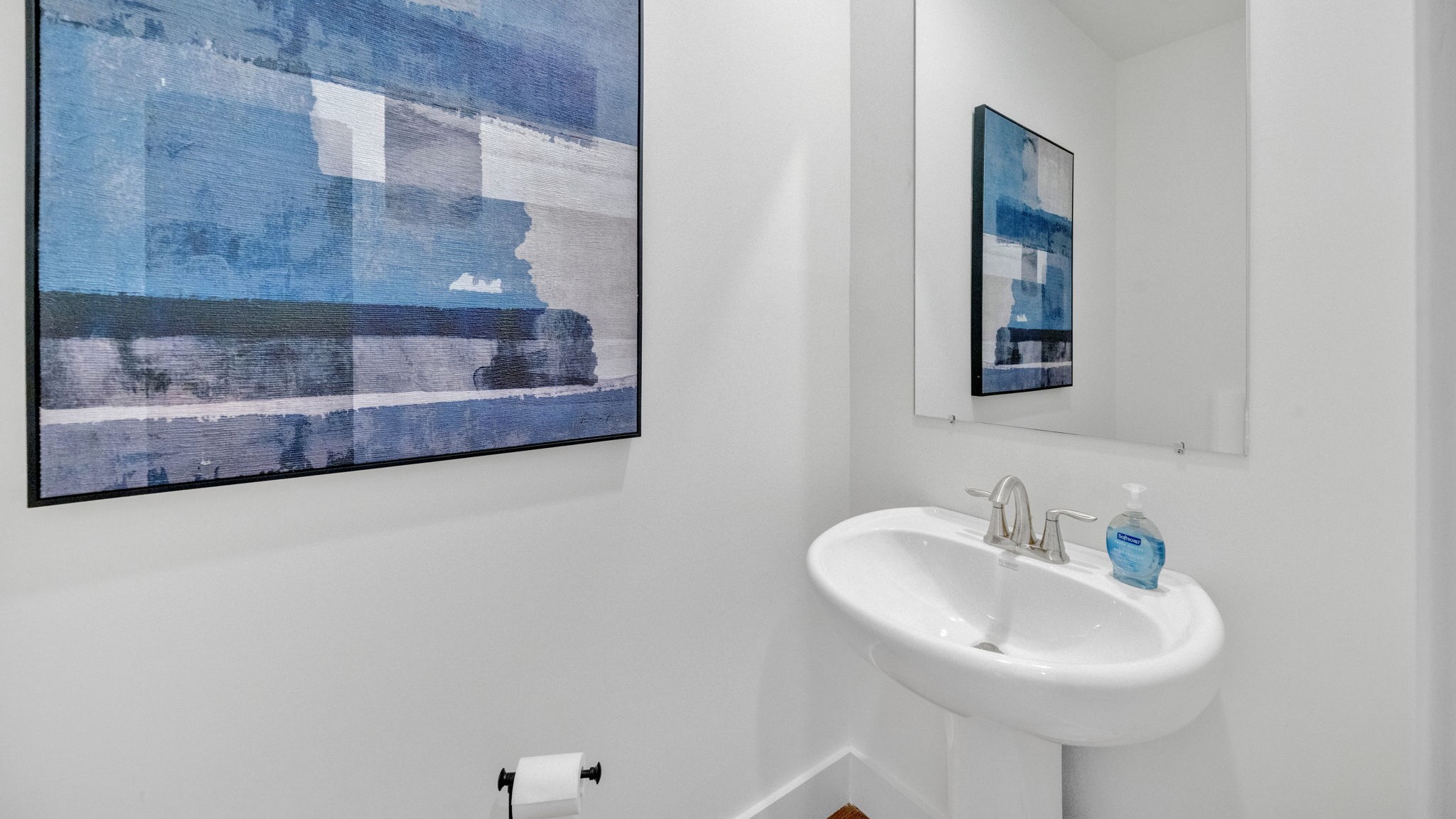 Downstairs guest half bathroom with pedestal sink