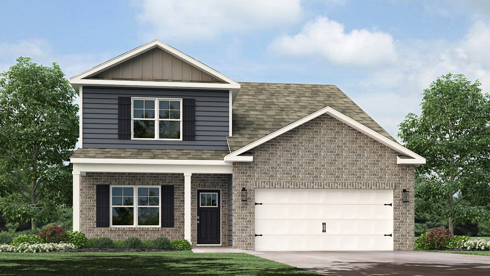 Front exterior rendering of traditional two story home with vinyl, shake, and brick
