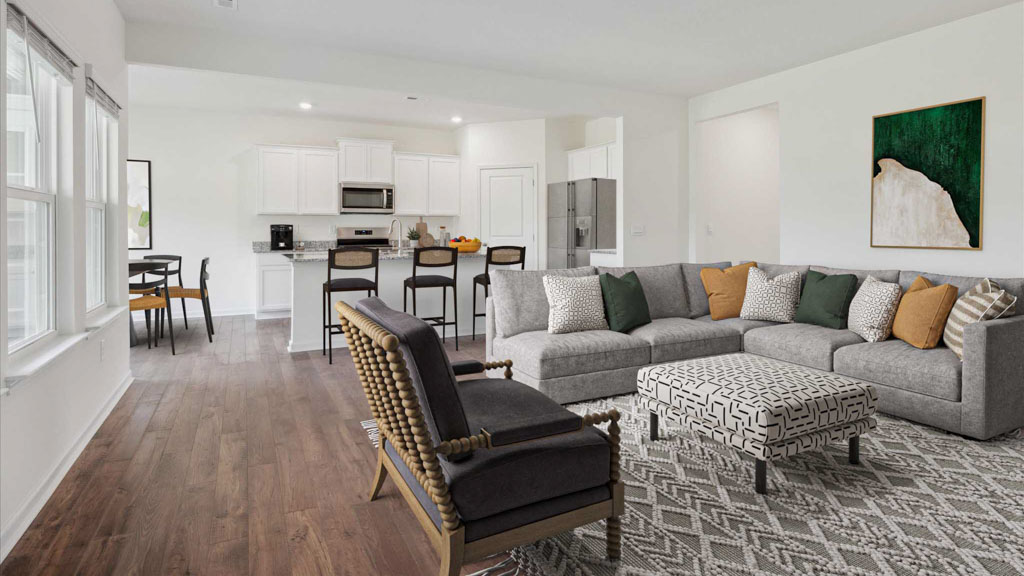 Open concept living, dining, and kitchen space