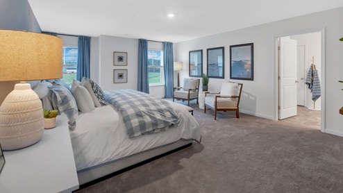 primary suite with white wall and one blue accent wall
