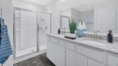 primary bathroom with shower and double vanity