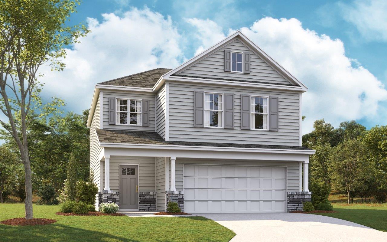 Edmon plan is a two story home with two car garage and side door.