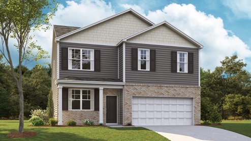 Rendering of two-story home featuring brick on first level and gray siding and cream shake black front door and shutters