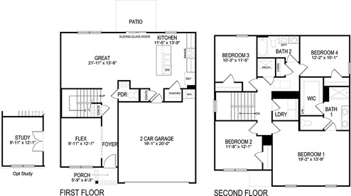 Floor plan 1st floor foyer, flex space, 2 car garage, great room, eat in kitchen, kitchen with island, powder bath, 2nd floor bedroom 1, bedroom 2, bedroom 3, bathroom 1, bathroom 2, laundry room
