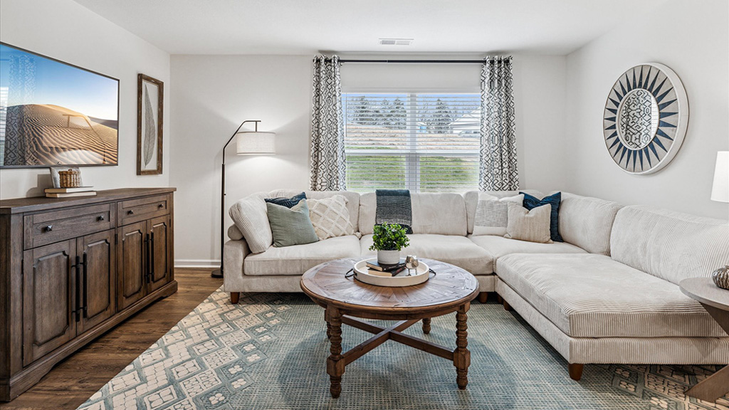 Open concept living, dining, and kitchen space