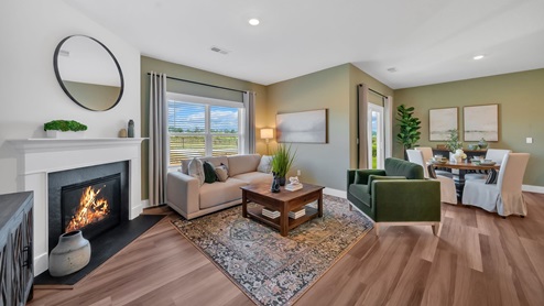 cozy living room with a green accent wall, large window, black fireplace and a white sofa