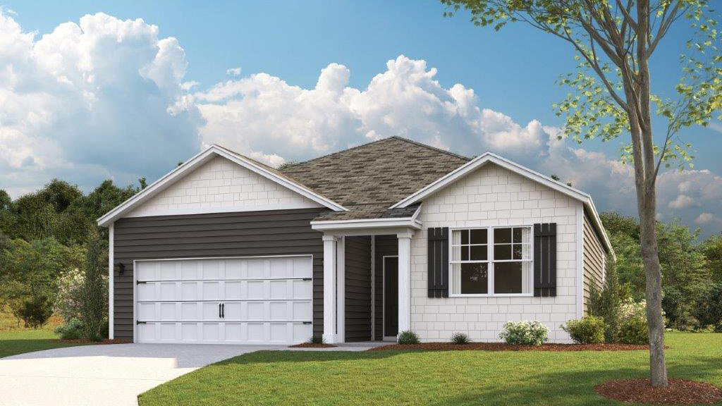 Single-story exterior rendering with dark grey siding, white shakes, and a two-car garage.