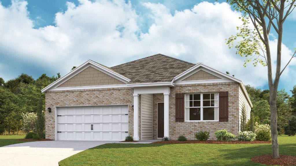 Single-story exterior rendering with various tan-toned bricks, tan shakes, and a two-car garage.