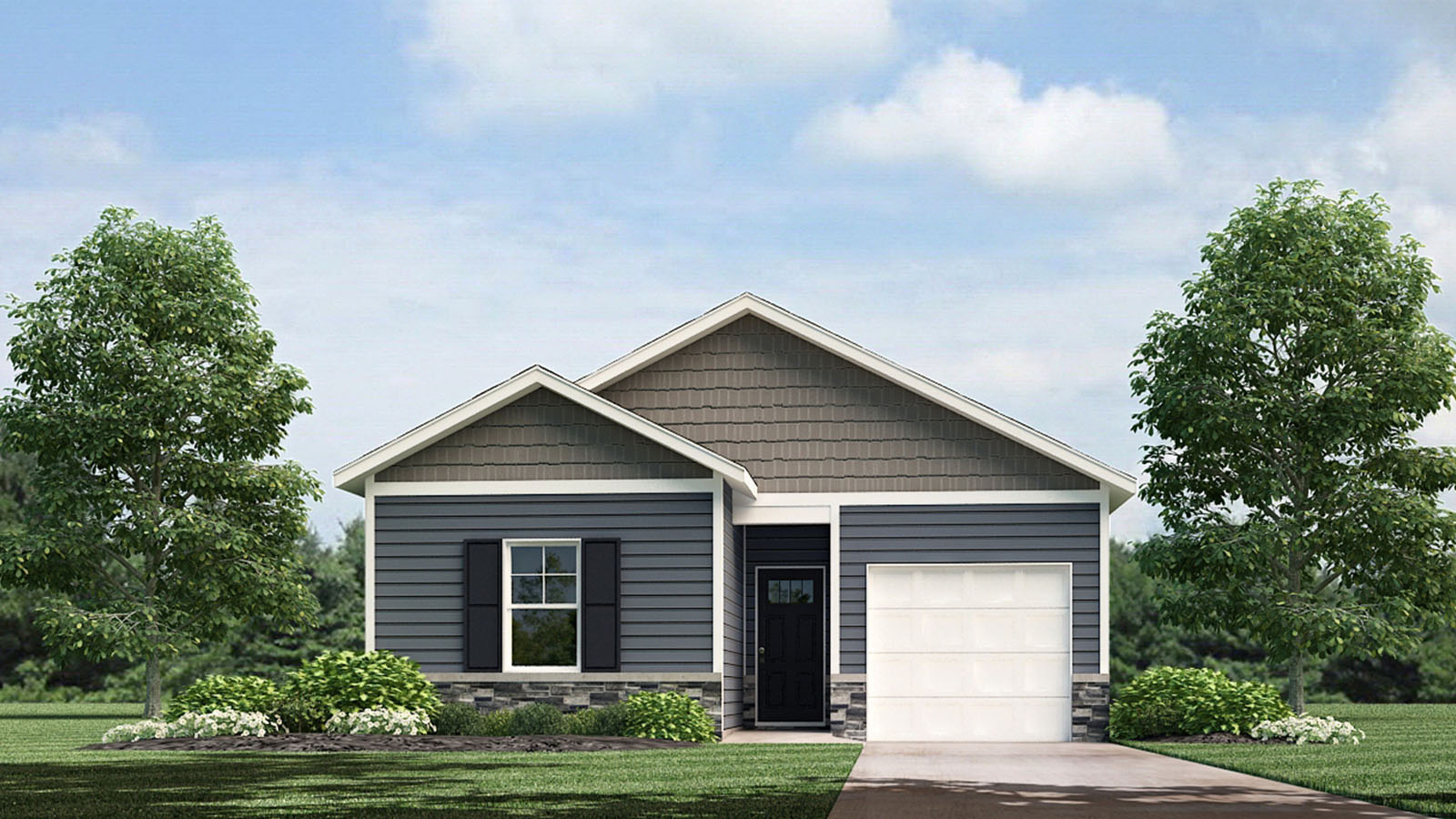 Exterior rendering of single story modern farmhouse style home