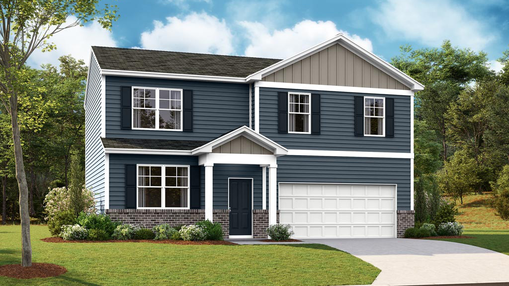 Front exterior of traditional two story home with vinyl, shake, and brick