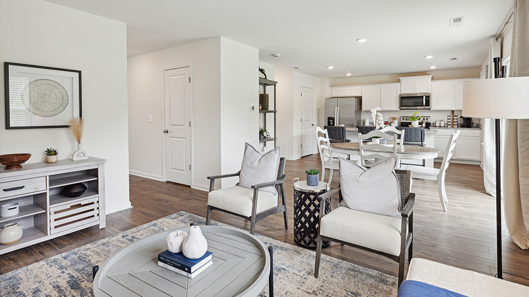 Open concept kitchen, living, and dining room space