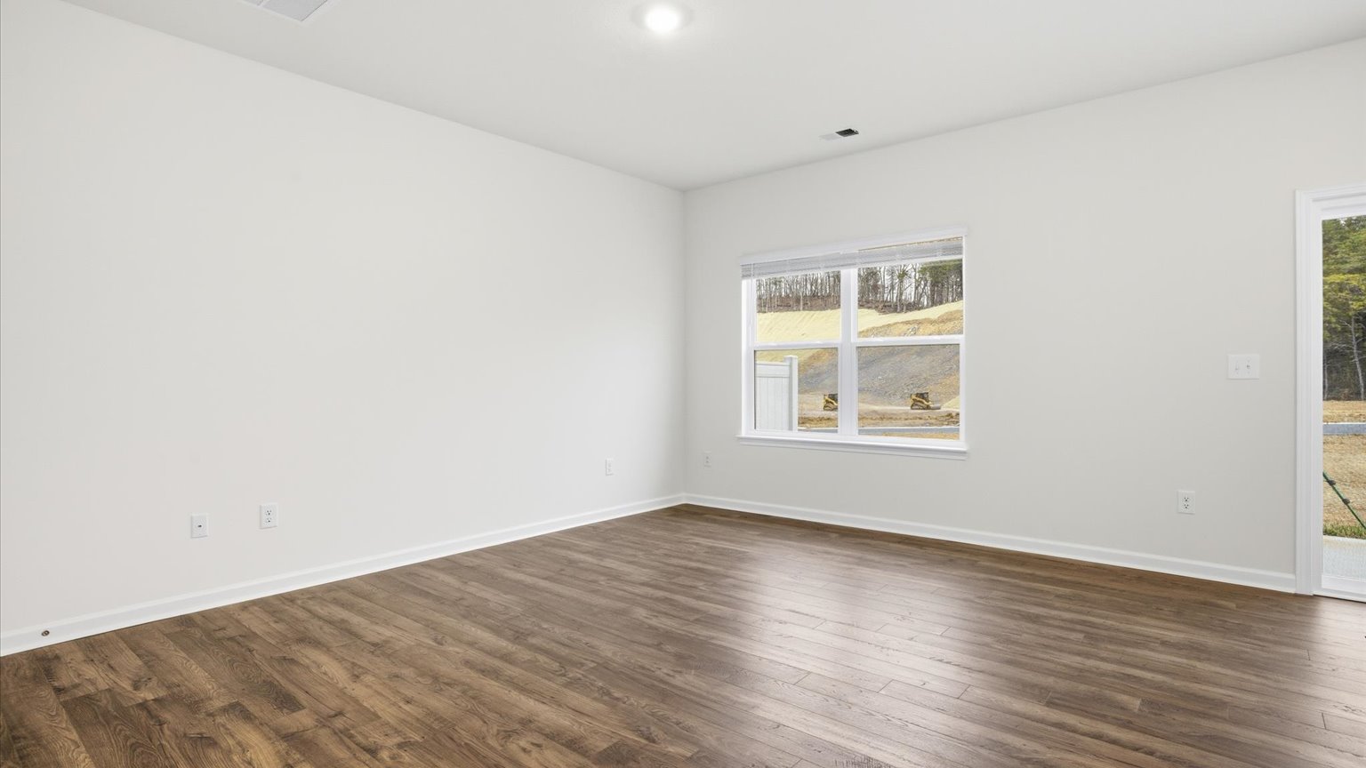Spacious living and great  room space with light allowing windows