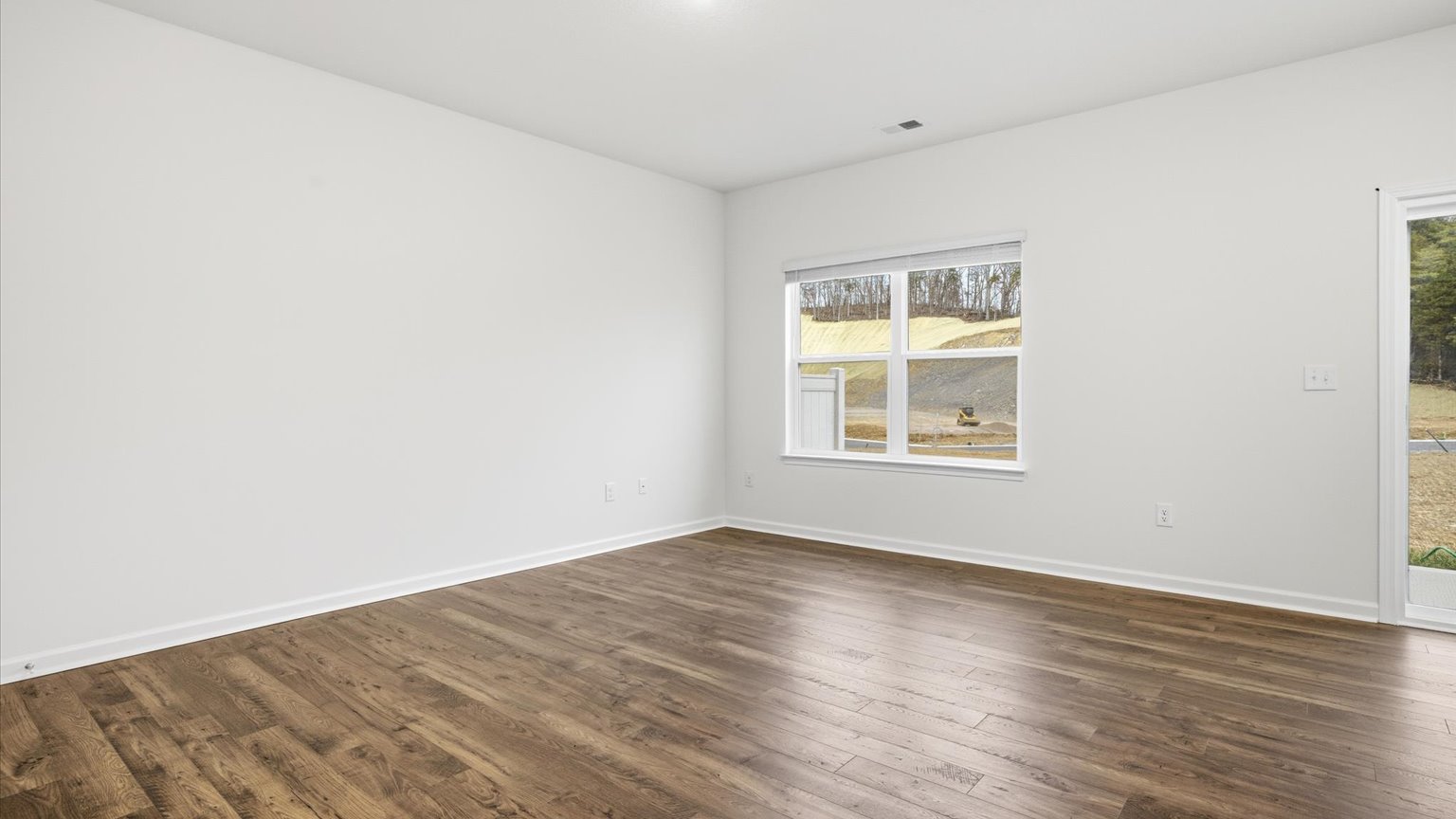 Spacious living and great  room space with light allowing windows