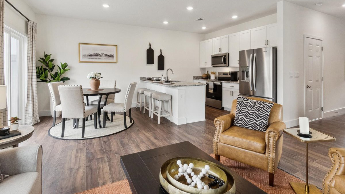 Open concept kitchen, living, family, and dining room space