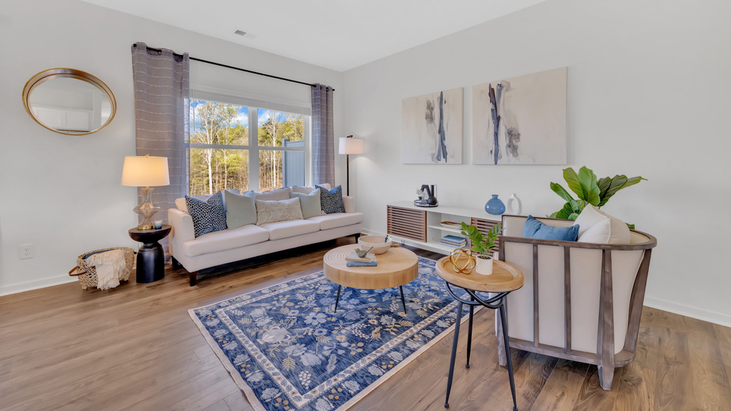 Spacious living and great  room space with light allowing windows