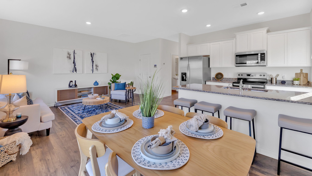 Open concept kitchen, living, and dining room space