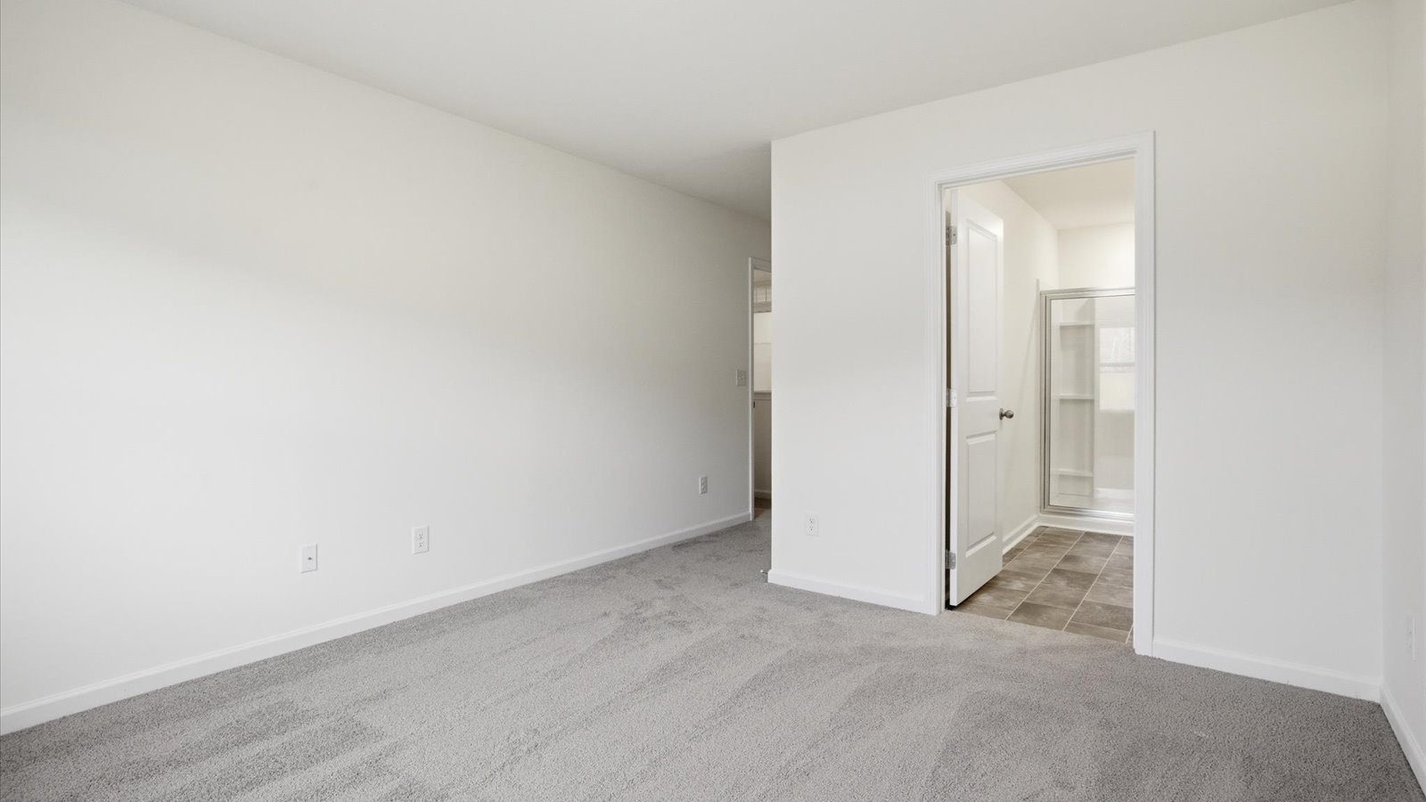 Primary bedroom with plush carpet floors and double light allowing windows