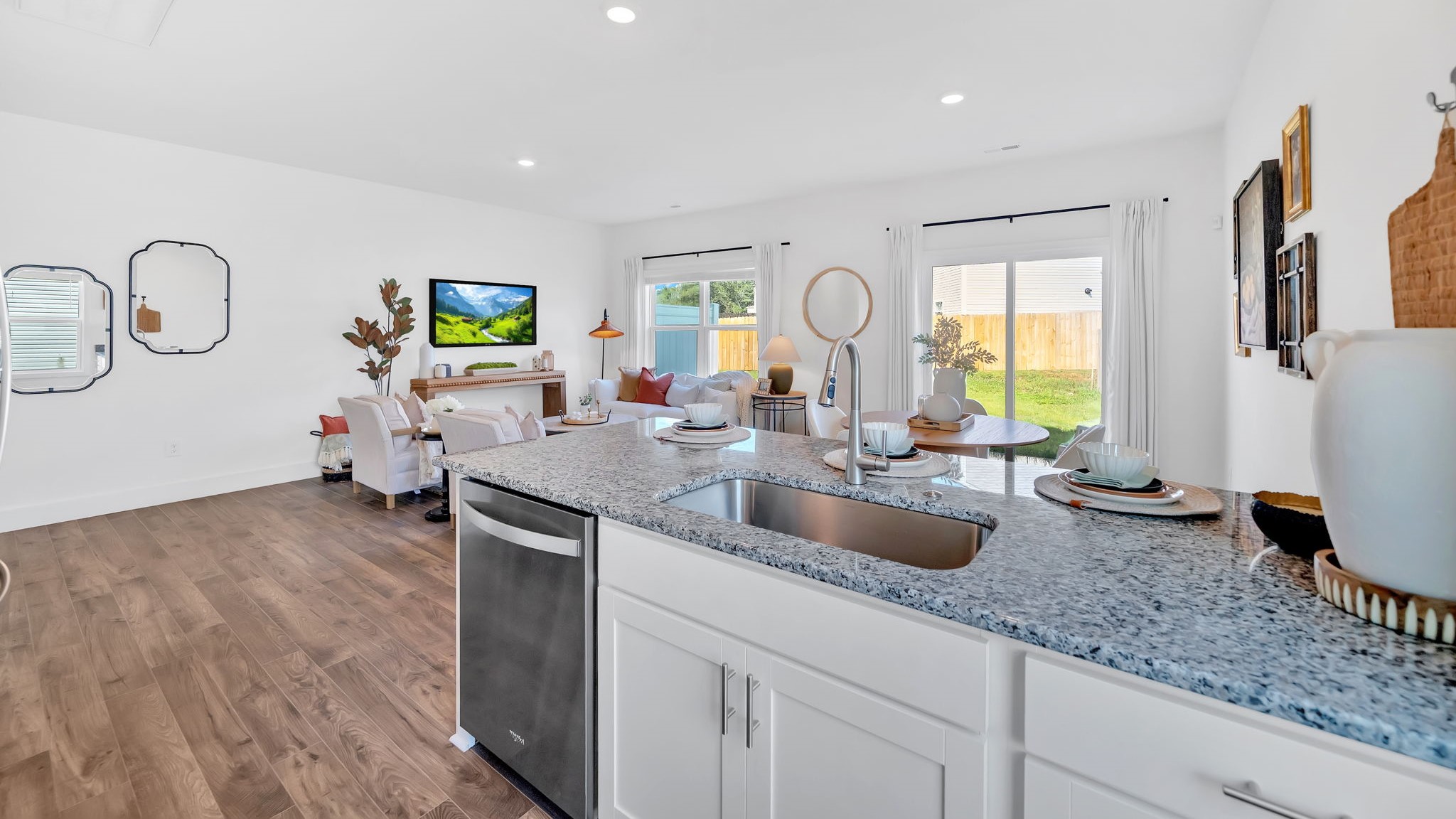 Open concept kitchen, living, and dining room space