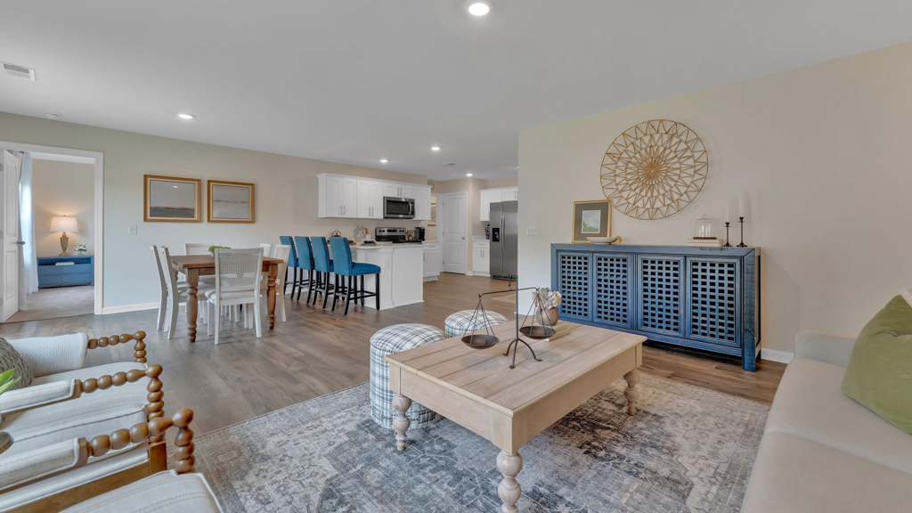 Open concept kitchen, living, family, and dining room space