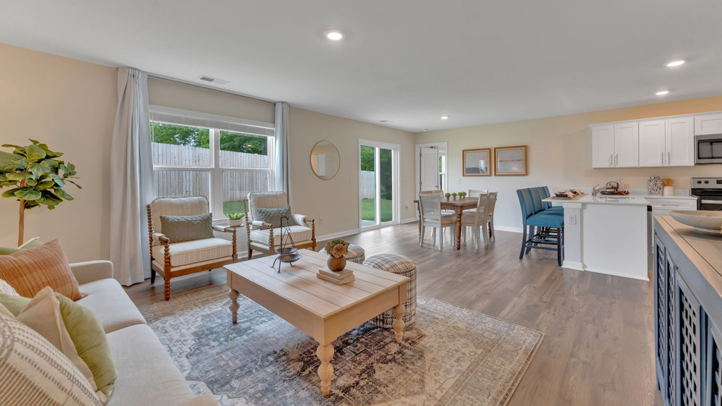 Open concept kitchen, living, family, and dining room space