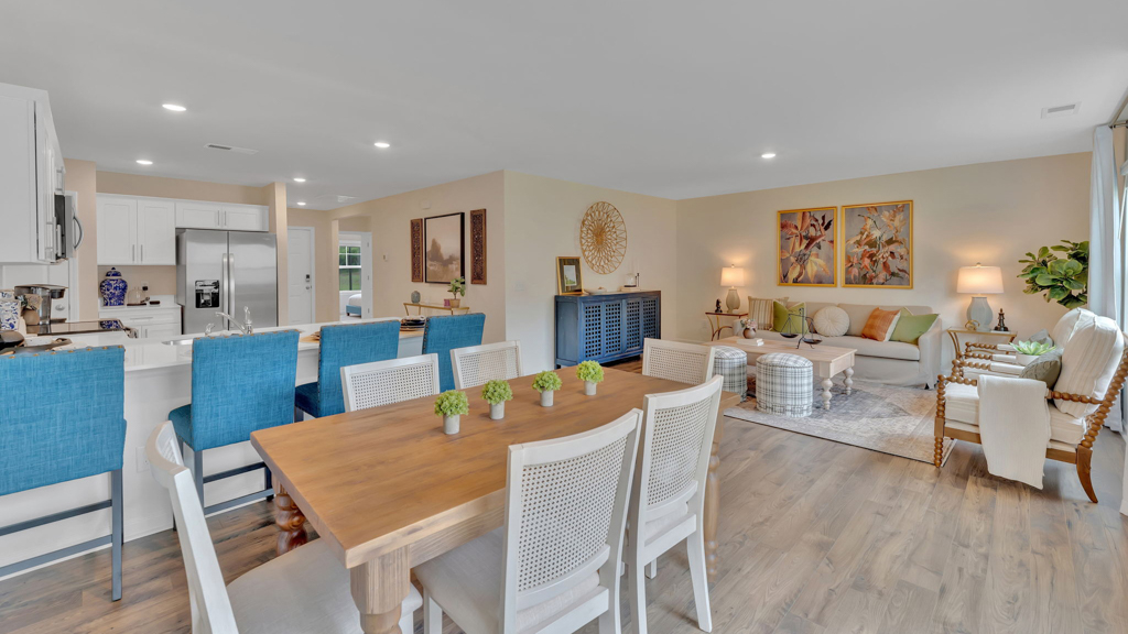 Open concept kitchen, living, family, and dining room space