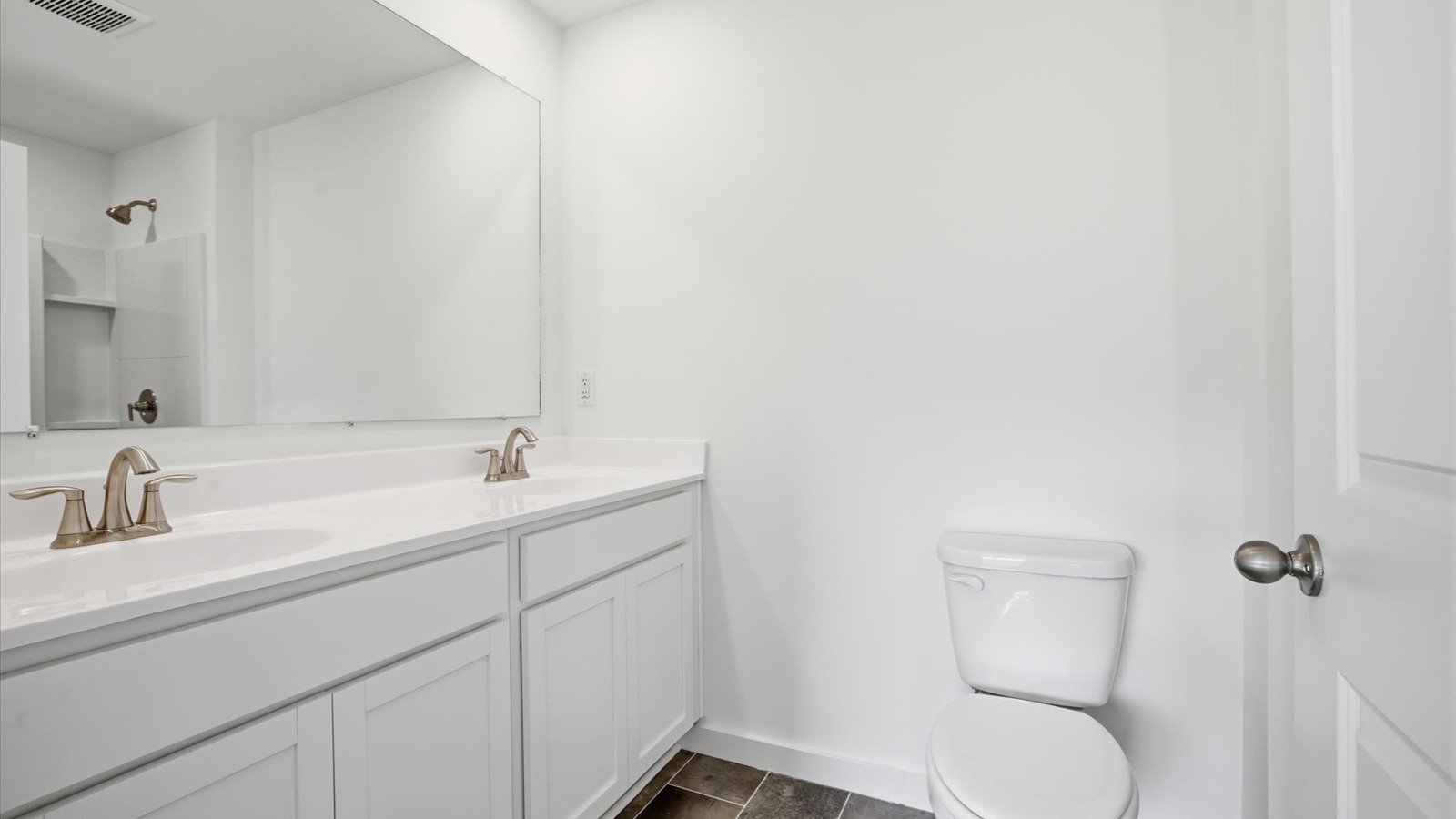 primary bathroom with double bowl vanity and walk in shower