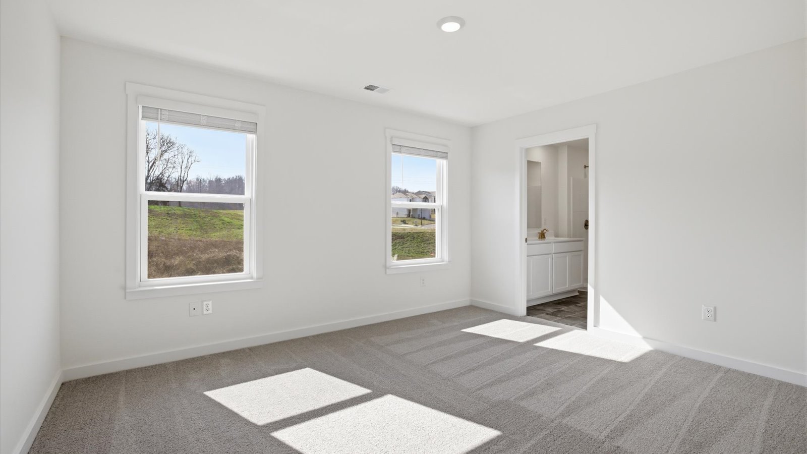 primary bedroom with two large windows carpet and private bathroom