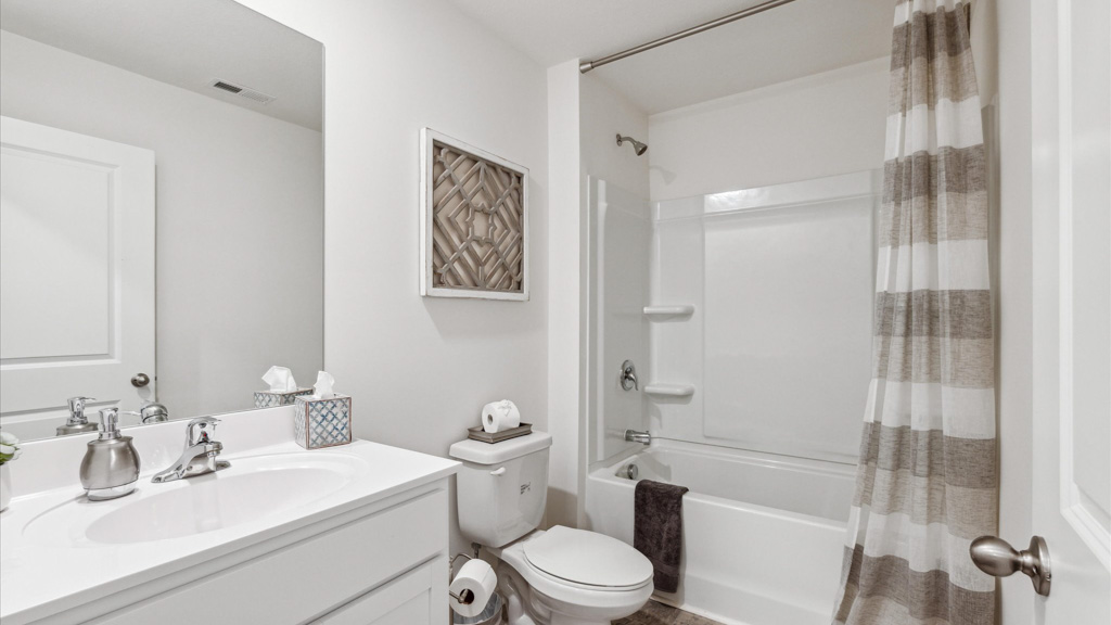 Family bathroom with stylish vanity, mirror, polished fixtures, cabinets, tub-shower combo in Emory Creek