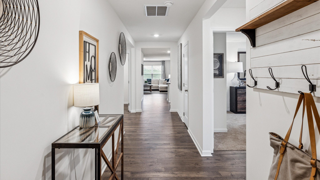 Entry hallway leads from front porch to open concept designed flex and living spaces, Emory Creek