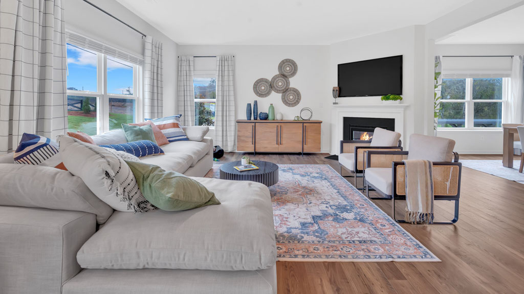 Spacious living and great  room space with light allowing windows