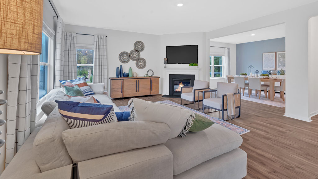 Spacious living and great  room space with light allowing windows