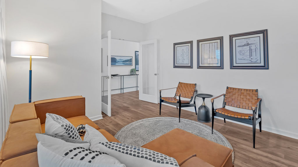 flexible room space staged as a parlor room or gathering room