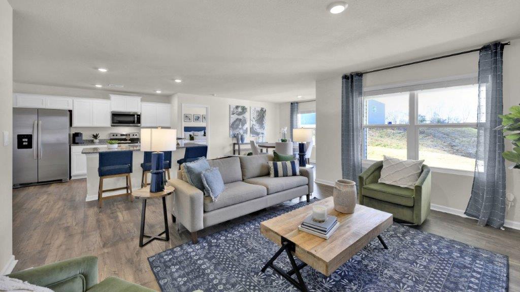 Open concept kitchen, living, family, and dining room space