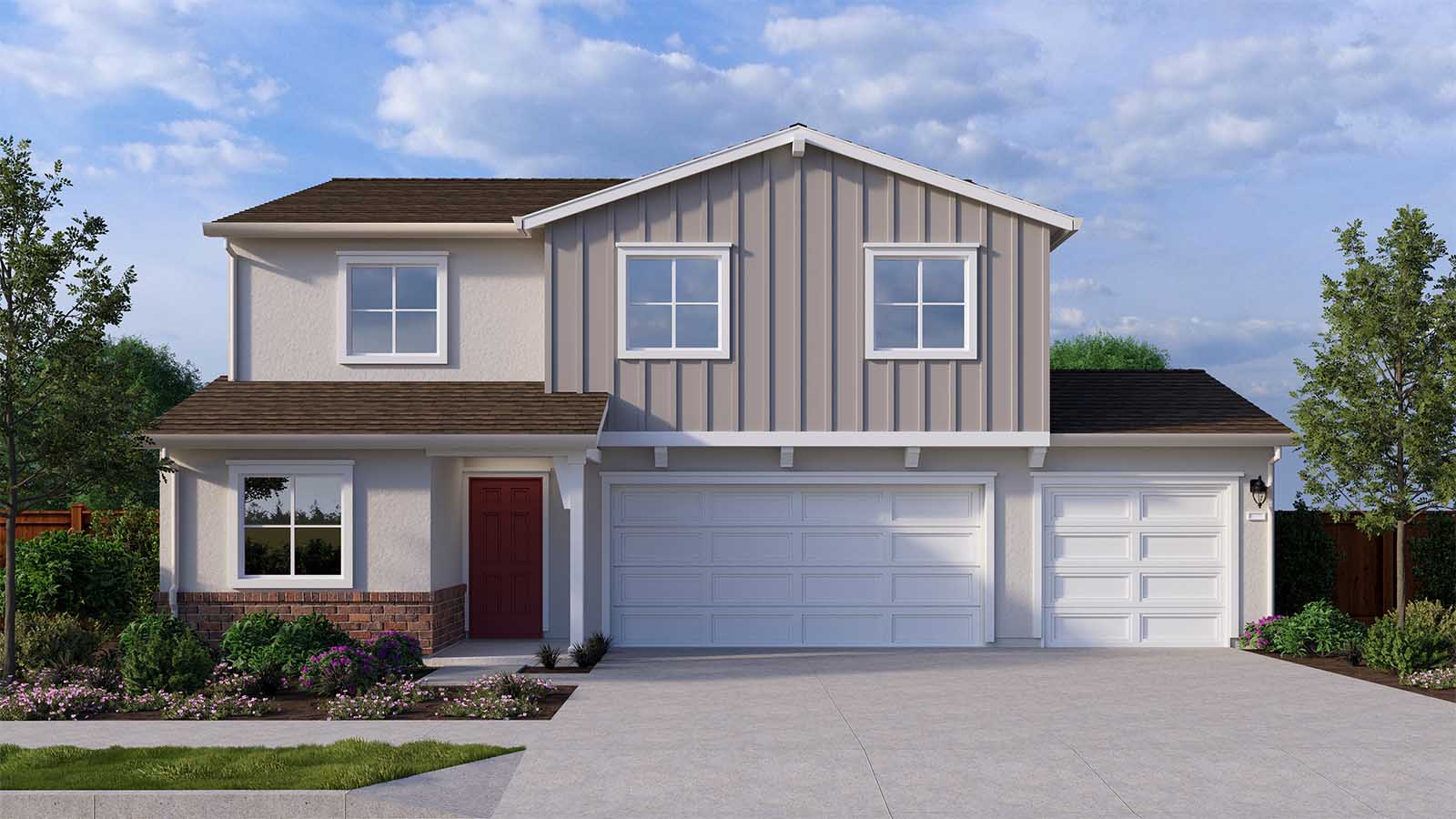 Harvest Hills II Montara Plan Farmhouse Elevation 3 Car Garage Exterior Rendering