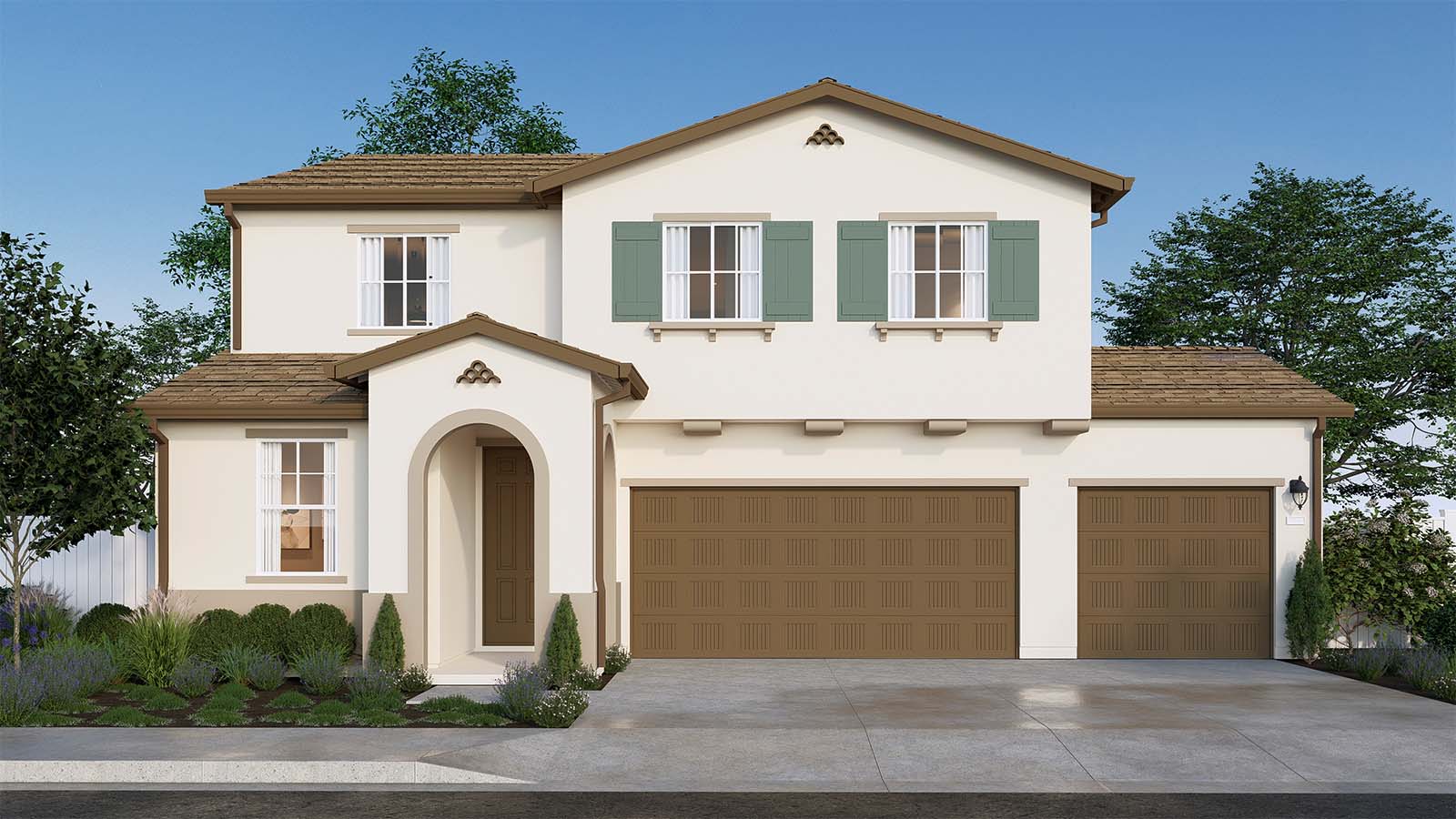 Clover at Santana Ranch Montara Plan Spanish Elevation Exterior Rendering 3 Garage
