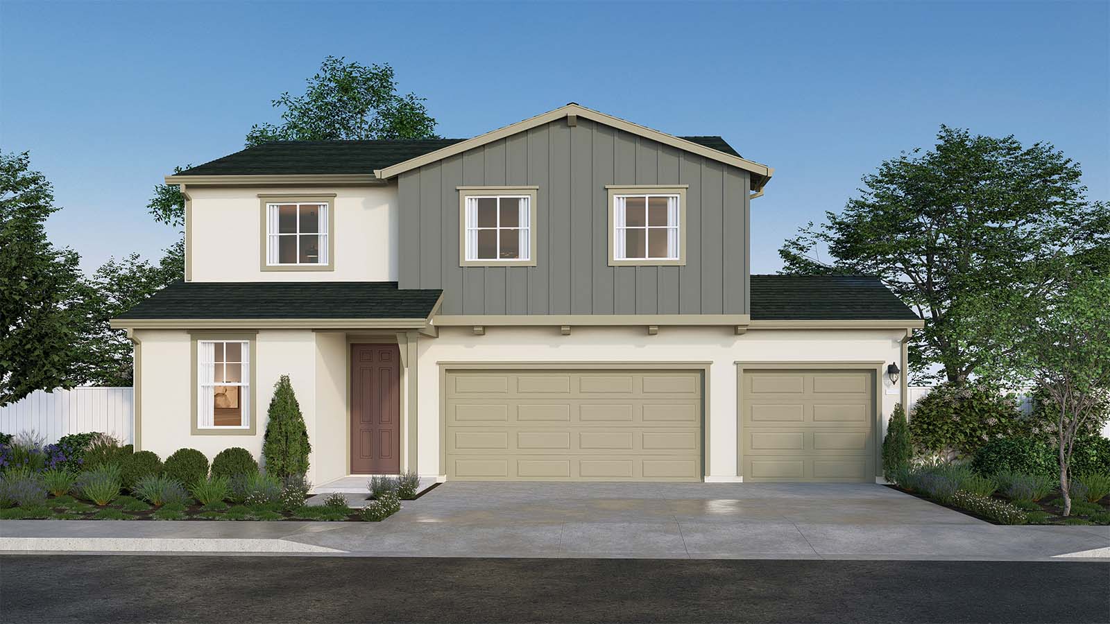 Clover at Santana Ranch Montara Plan Farmhouse Elevation Exterior Rendering 3 Garage