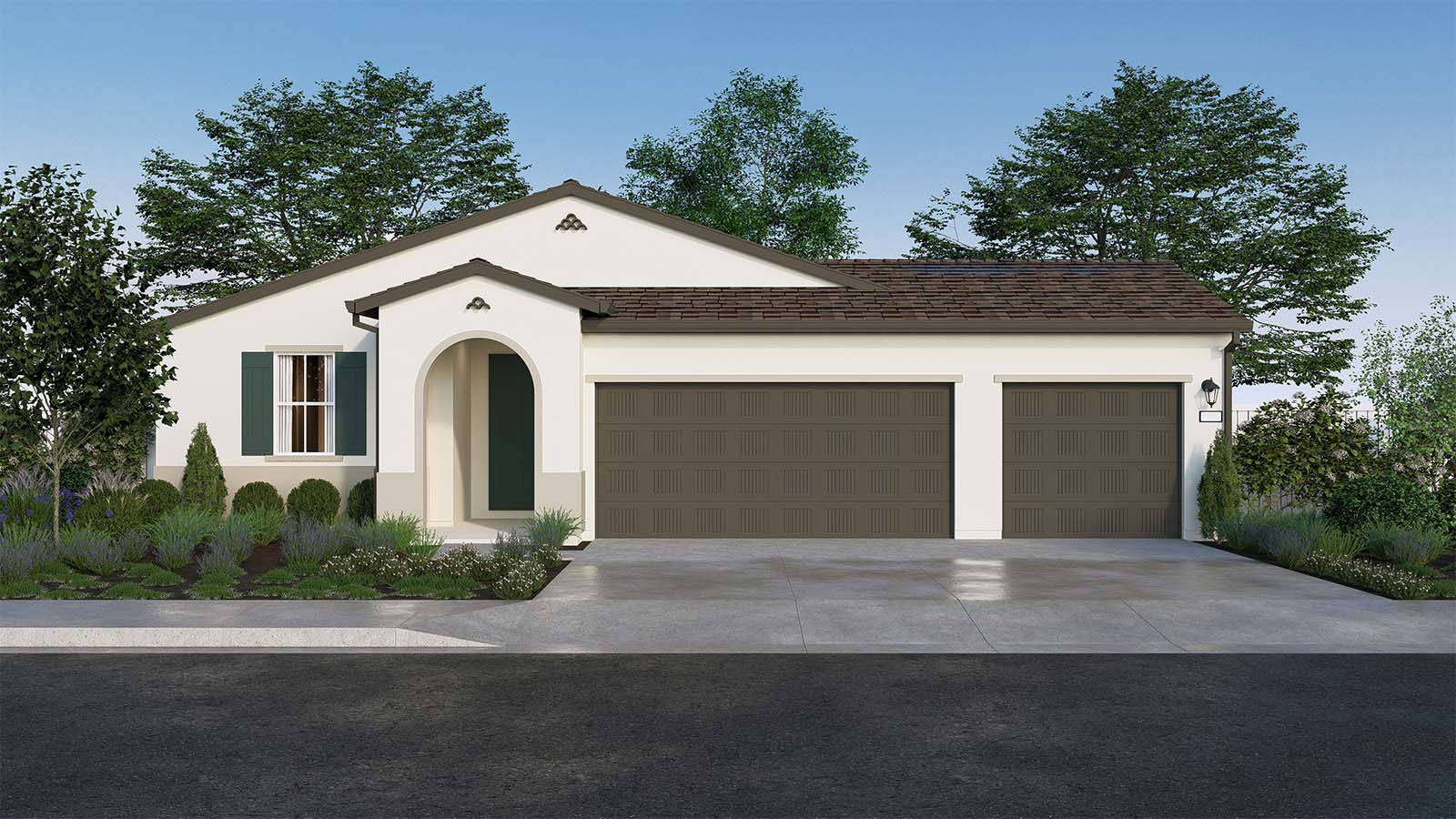 Clover at Santana Ranch Redwood Plan Ranch Elevation Exterior Rendering 3 Car