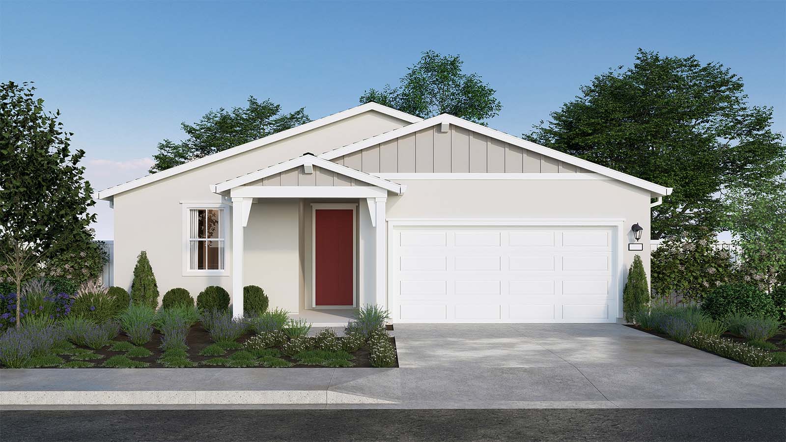 Clover at Santana Ranch Redwood Plan Farmhouse Elevation Exterior Rendering 2 Car