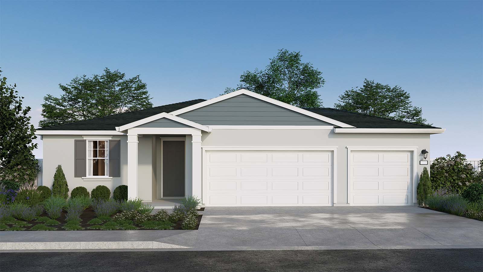 Clover at Santana Ranch Redwood Plan Traditional Elevation 3 Car Garage Exterior Rendering