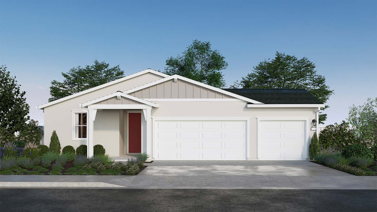 Clover at Santana Ranch Redwood Plan Farmhouse Elevation 3 Car Exterior Rendering